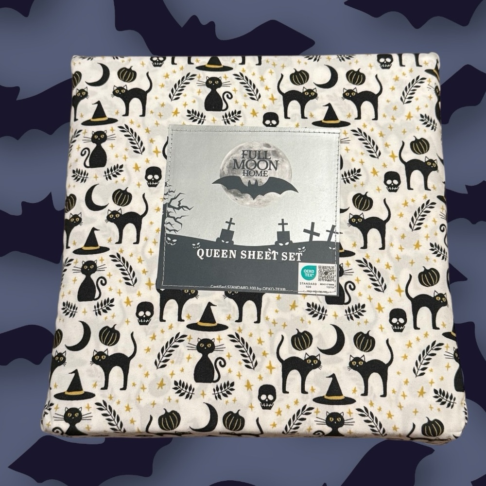 Full Moon Home Halloween Spooky Black Cats Witch Hats Skulls-Queen‎
